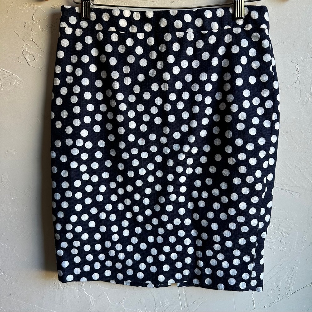 J.Crew‎ Navy Blue and White Large Polka Dot The Pencil Skirt Sz 2 100% Cotton